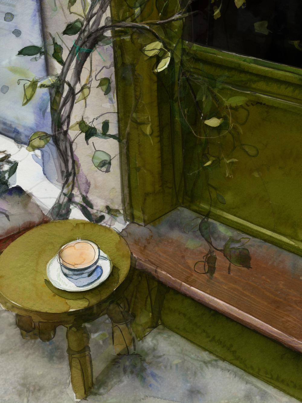 watercolor painting of coffee cup on small table